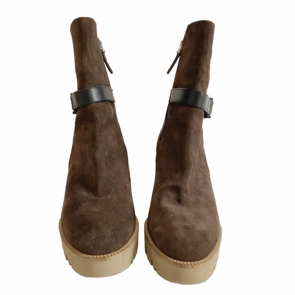 LA CANADIENNE BROWN SUEDE BLACK LEATHER STRAP CHUNKY TAN HEELED BOOTIES - 41 - Picture 3 of 10